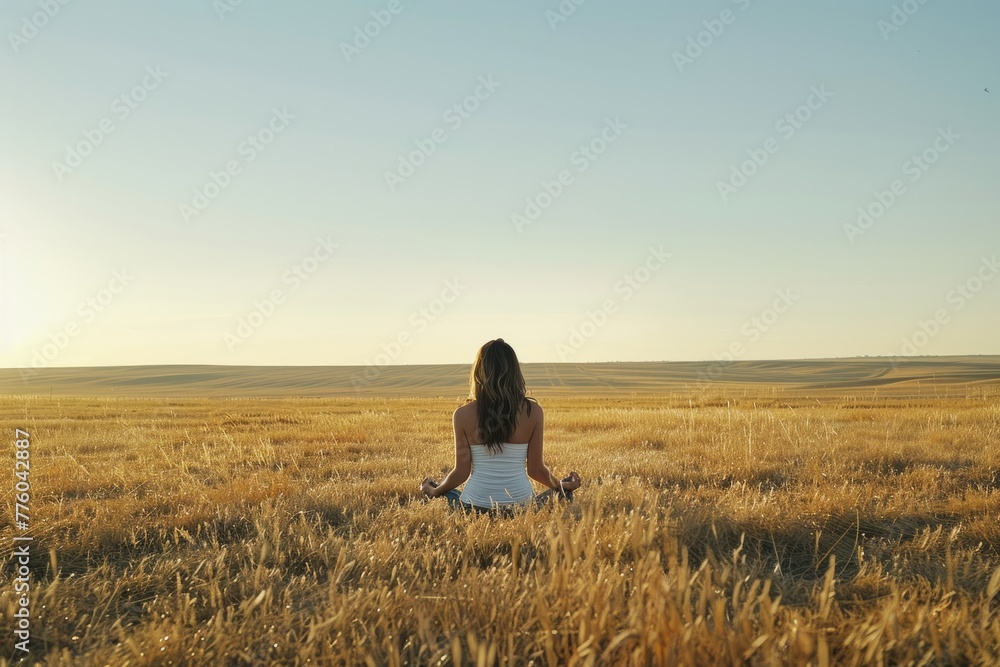 A woman in a white dress is seated in the middle of a vast field under the midday sun