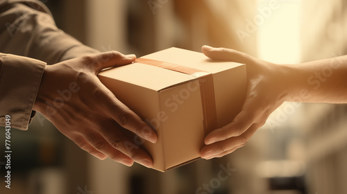 A delivery man is handing over a cardboard box to a customer