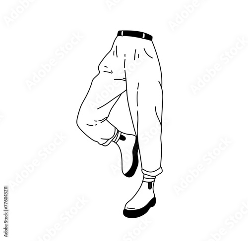 Vector isolated legs in trousers panties and chelsea boots pose fashion illustration colorless black and white contour line easy drawing