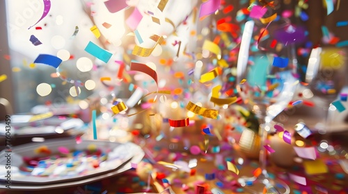 Vibrant Confetti Explosion Celebrating a Festive Birthday Party Table