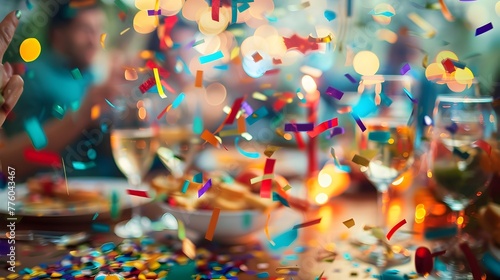Vibrant Filled with Colorful Confetti Explosion over a Festive Party Table