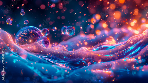Dynamic and exciting liquid formations of bubbles, droplets and waves, pink, blue and orange, abstract background