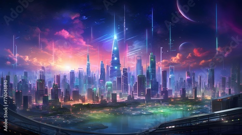 Futuristic city at night. Futuristic city panorama.