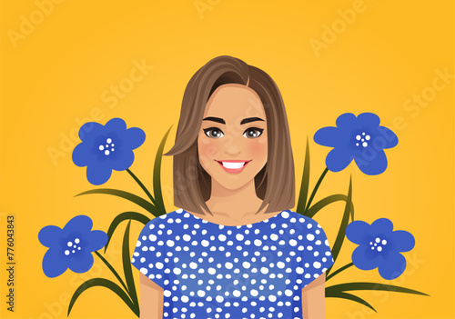Young beautiful woman portrait isolated on yellow background with blue flowers vector illustration