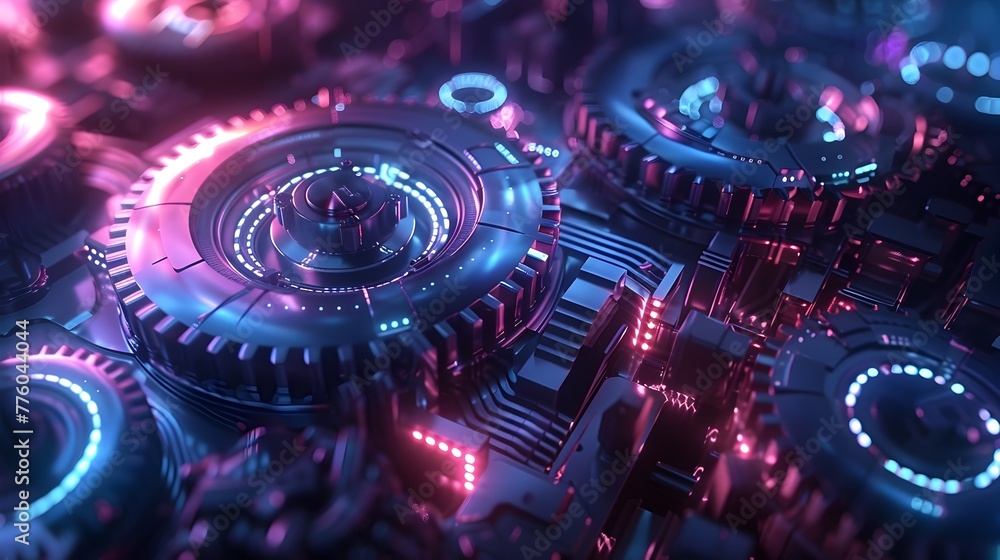 Futuristic Cybernetic Machinery with Glowing Neon Lights and Intricate Mechanical Components