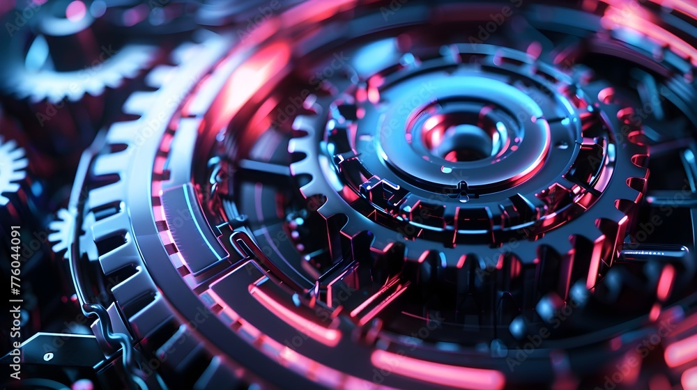 © pkproject - Futuristic Mechanical Gears Glowing with Neon Lights,Blending Cybernetic Aesthetics in a High-Tech Industrial Background