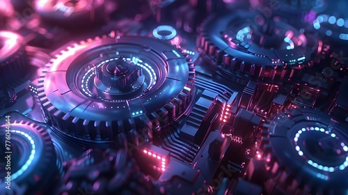 Futuristic Cybernetic Machinery with Glowing Neon Lights and Intricate Mechanical Components