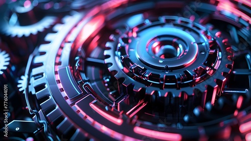 Futuristic Mechanical Gears Glowing with Neon Lights,Blending Cybernetic Aesthetics in a High-Tech Industrial Background photo