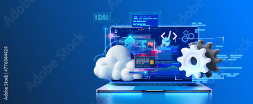 Futuristic Cloud Computing and Network Interface on Laptop Screen. A modern laptop displaying a dynamic cloud computing interface with intricate network connections and cogwheels. Vector © ZinetroN
