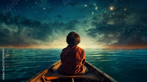 Child on a boat with night sky, kids dreaming of adventure