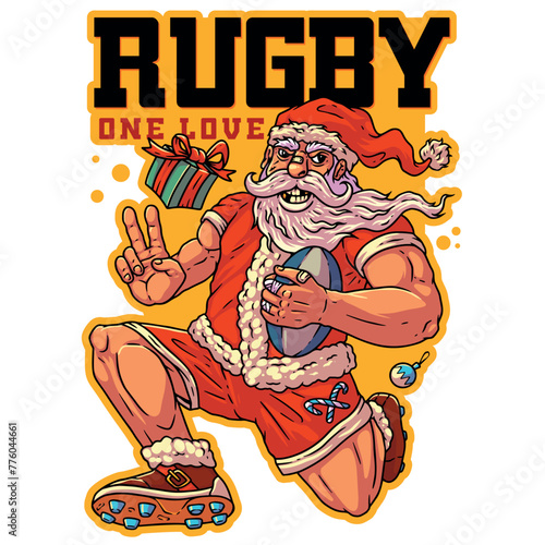Dynamic Santa Claus with Rugby Ball Illustration. Vector Print for merch with Rugby Santa. 