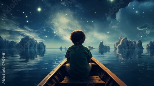 Child on a boat with night sky, kids dreaming of adventure