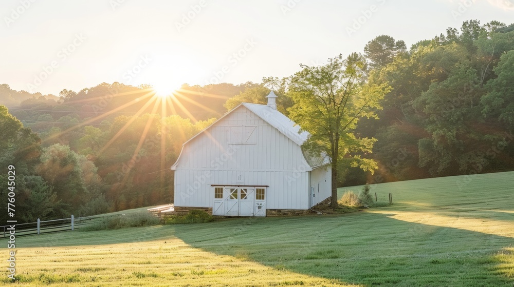 white rustic barn, illuminated, pastel spring vibes, minimalistic photography