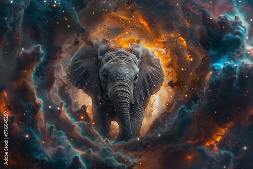 Baby elephant peeking into our world from a cosmic dimension, nebulae swirling, photorealistic image ,high resulution,clean sharp focus