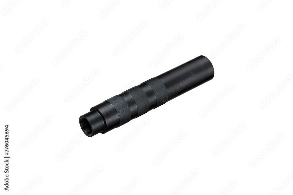 Black silencer for weapons. Suppressor that is at the end of an assault rifle. Isolate on a white back. Black silencer for weapons. Suppressor that is at the end of an assault rifle. Isolate on a white back.