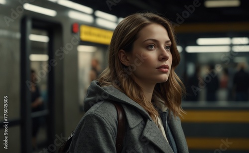 portrait of a woman in the city. woman watches the subway pass by, copy space., is very breathtaking, very realistic, 8k quality, hyper realistic