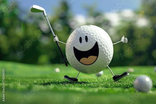 Funny golf ball character with a golf club raised in celebrating a hole in one.