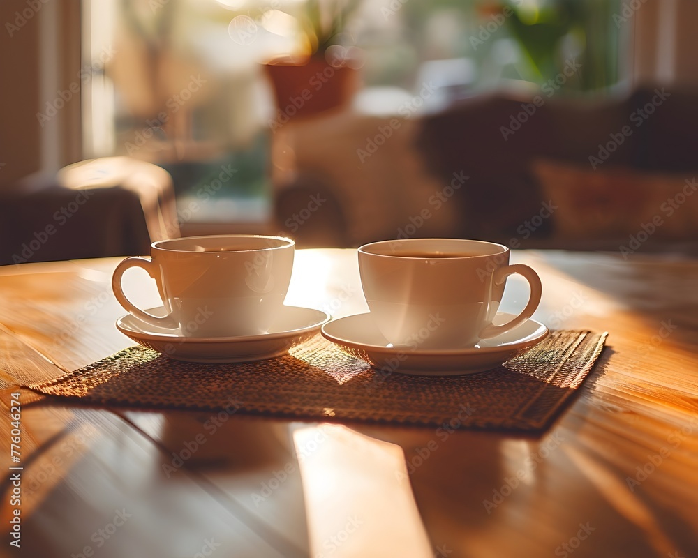 a peaceful intimate moment shared over coffee Two ceramic mugs rest on a wooden table surrounded by natural a peaceful intimate moment shared over coffee Two ceramic mugs rest on a wooden table surrounded by natural