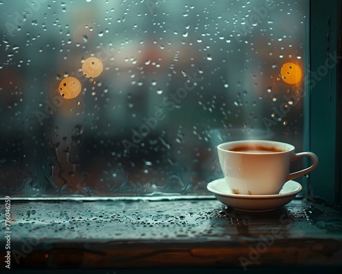 Cozy Coffee Cup on Rainy Windowsill Capturing the Comfort of a Stormy Day
