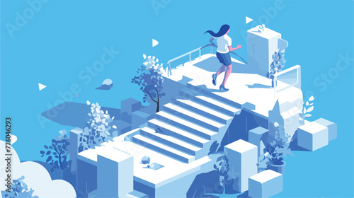 Woman run up stairs isometric concept sign 2d flat