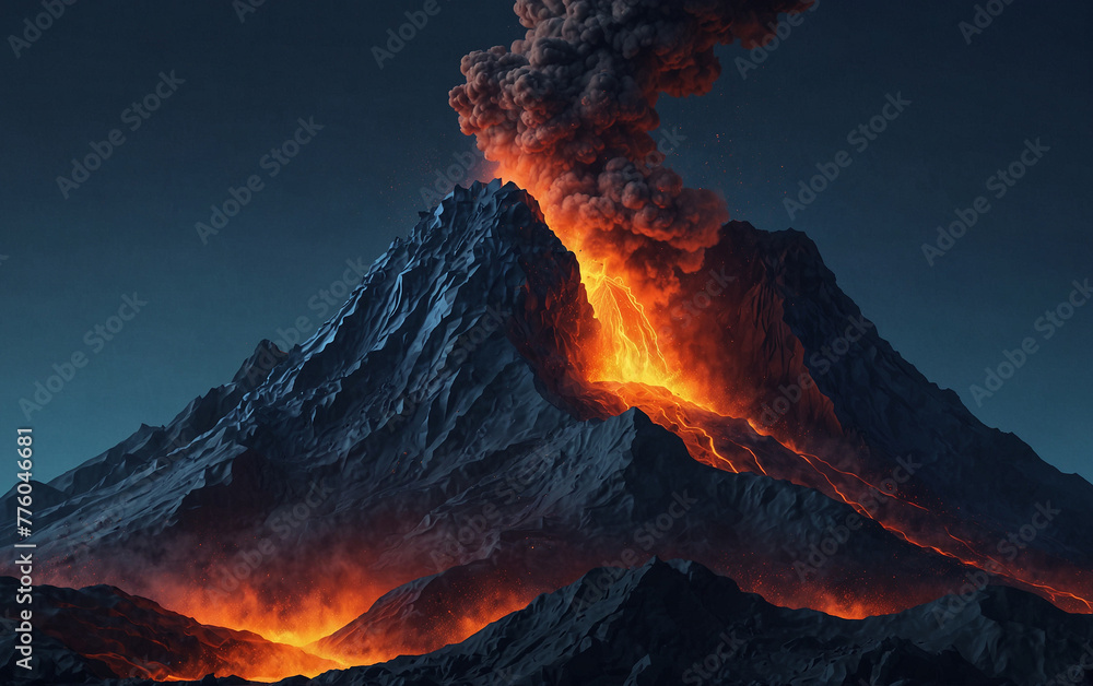 Abstract digital volcano with smoke and lava. Volcanic eruption on technology blue background. Low poly wireframe vector illustration with 3D effect. Polygonal mountain. Natural disaster Very realisti
