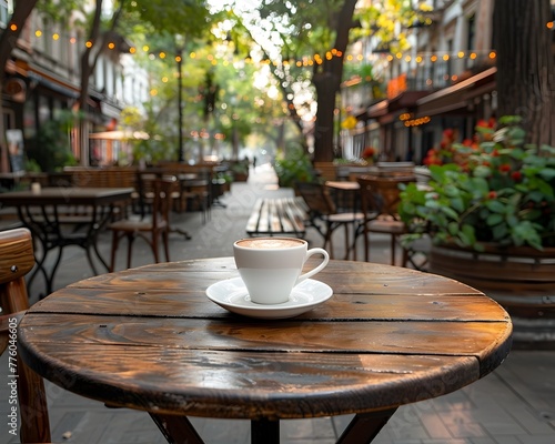 Cozy Outdoor Cafe Setting with Rustic Wooden Table and Fresh Coffee Cup Enjoying Alfresco Dining Ambiance © Thares2020