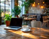 Cozy Laptop and Coffee Setup in Chic Coworking Space Fueling Creativity and
