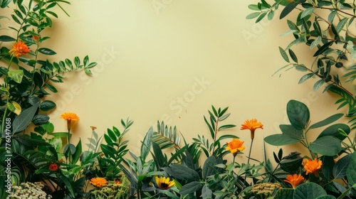 Flowers and plants on a vibrant yellow background with copy space
