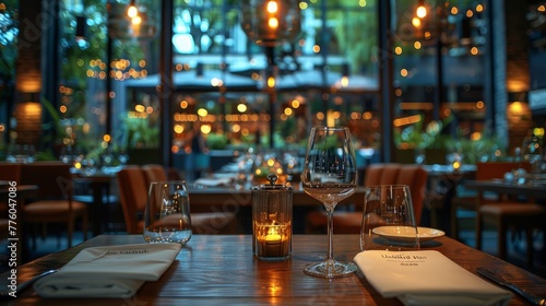 Fototapeta Naklejka Na Ścianę i Meble -  Decorating a beautiful restaurant involves carefully arranging lighting, chairs, and tables to create an inviting atmosphere.