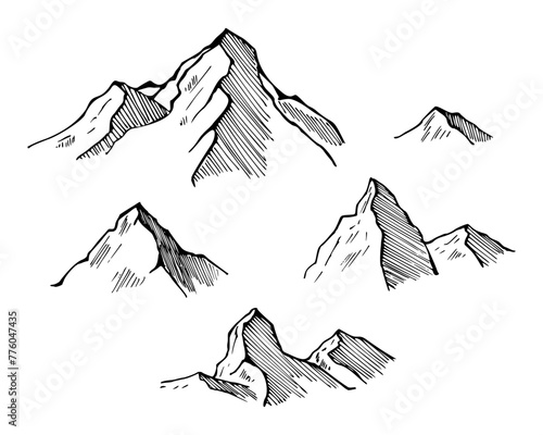 Vector sketch of mountains. Hand drawn illustration with black ink on isolated background. Nature engraving. Monochrome drawing of rocky peaks in line art and doodle style