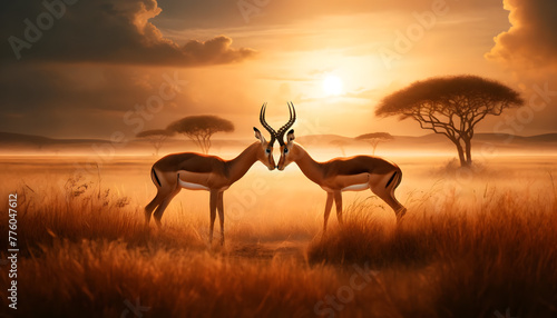 Two impalas engaging in a tender moment in their natural savannah habitat. The scene is set during the golden hour  with the sun