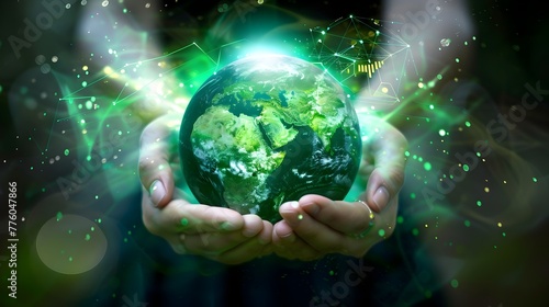 Hands Cradling Glowing Green Earth with Digital Graphs Showcasing Renewable Energy Growth and Sustainability Efforts