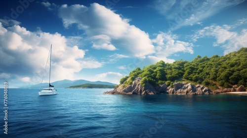 A majestic seascape with a little, lovely island, a romantic yacht adventure
