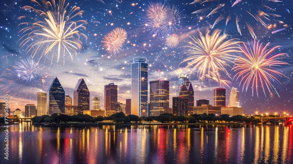 Illuminated skyline with fireworks bursting overhead  AI generated illustration