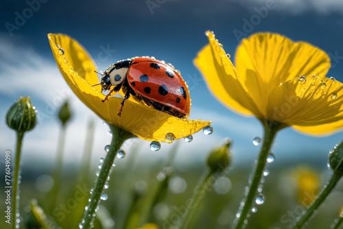 Marienkäfer auf einer gelben Mohnblume in Tautropfen photo