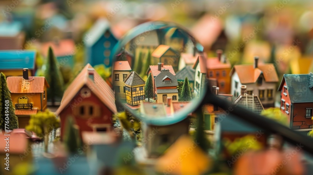 Investigating a miniature village of colorful model houses through a magnifying glass   AI generated illustration