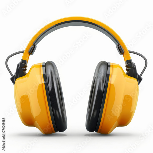Close-up of noise-canceling safety earmuffs in bright yellow against a white background.