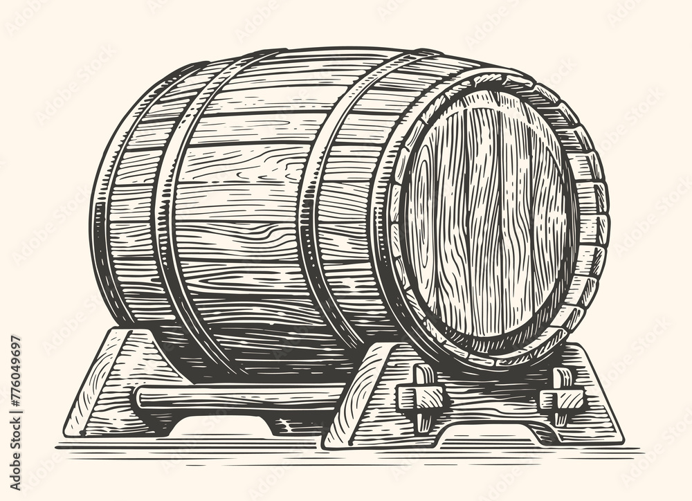 Hand drawing wood barrel. Cask, keg sketch vintage vector illustration - obrazy, fototapety, plakaty 
