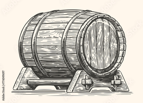 Hand drawing wood barrel. Cask, keg sketch vintage vector illustration © ~ Bitter ~