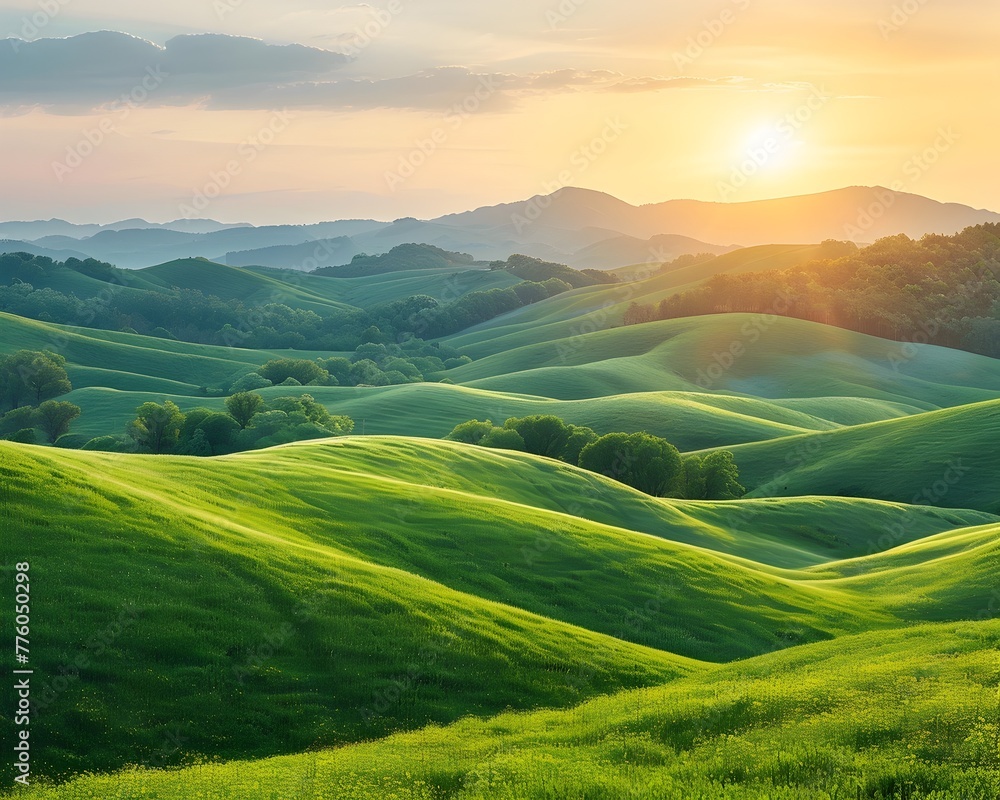 Serene Golden Hour Landscape with Lush Rolling Hills for Wellness and Health Product Backgrounds