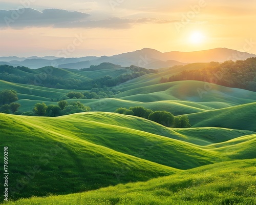 Serene Golden Hour Landscape with Lush Rolling Hills for Wellness and Health Product Backgrounds