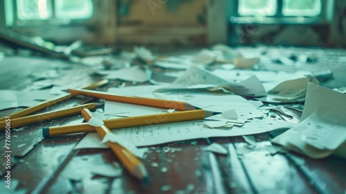Pencils and papers strewn across the floor AI generated illustration
