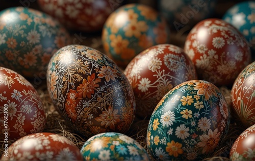 Close-Up of Easter Eggs with Stunningly Detailed Floral Patterns ukrainian pysanka. Illustration vector , very realistic, 8k quality, hyper realistic, ultra realism.jpg, Close-Up of Easter Eggs with S