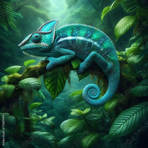  Colourful Chameleon Sitting on tree branch , abstract background ,Close-up , Portrait , Horizontal ,high resolution, nature, ecology, 3d rendering © Zigma Arts