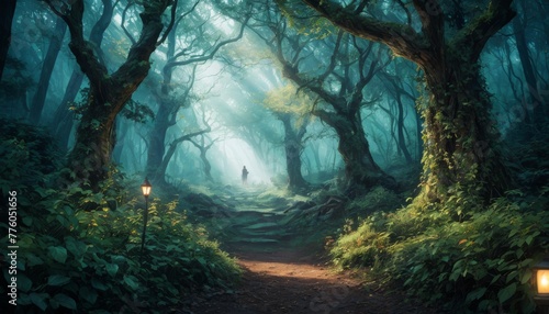 A mysterious robed figure wanders a lantern-lit path through an ethereal, mist-covered forest, inviting intrigue and wonder with its fairytale-like atmosphere.