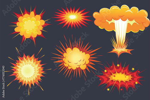 Set of boom in flat cartoon design. A collection of bright flashes that occur during an explosion in an incredible style. Vector illustration.