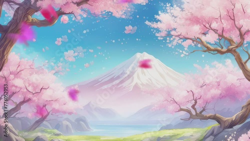 Beautiful fantasy spring natural landscape and cherry blossom tree animation background in Japanese anime watercolor painting illustration style. seamless looping animated video
