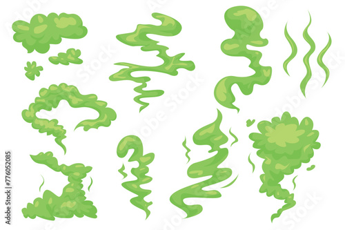 Set of reek in flat cartoon design. This image shows a collection of smelly green clouds, smoke, fumes in an unusual style on a white background. Vector illustration.