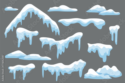 Set of snow in flat cartoon design. This illustration shows a collection of snowdrifts on a plain gray background. Vector illustration.
