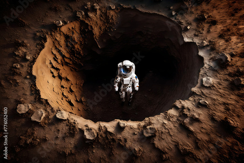 astronaut inside a crater on an exoplanet